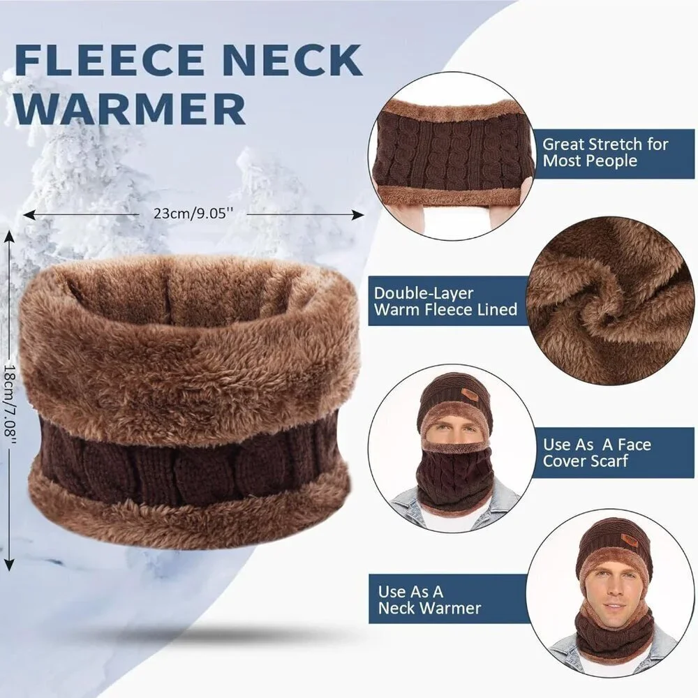 Men's Coffee Winter Warm Knit Thick Fleece Lined Skull Beanie Hat Scarf Set